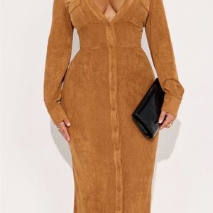 Chic Cognac Brown Long Sleeve Suede Maxi Dress